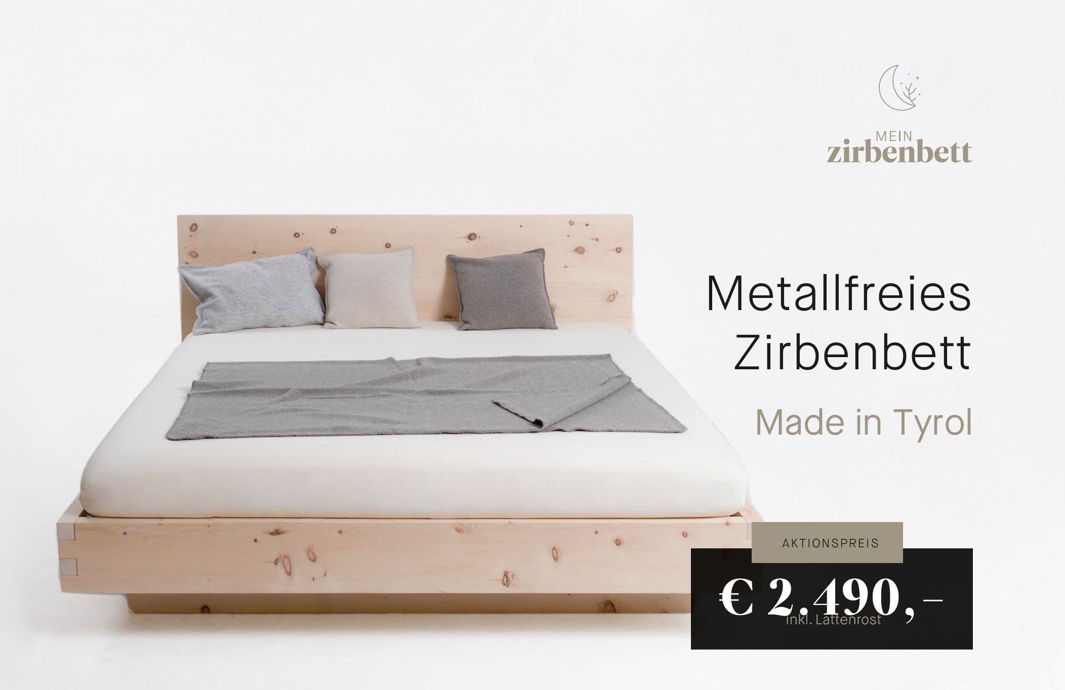 Zirbenbett aus Tirol METALLFREI handgemacht aus einem Stück naturbelassenem österreichischem Zirbenholz Aktionspreis 2.490 inkl 1 zonen Lattenrost